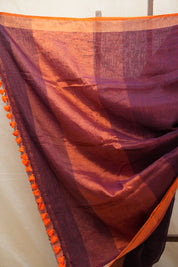 Magenta Plain Linen Saree With Orange Tassels - SRMPLS319