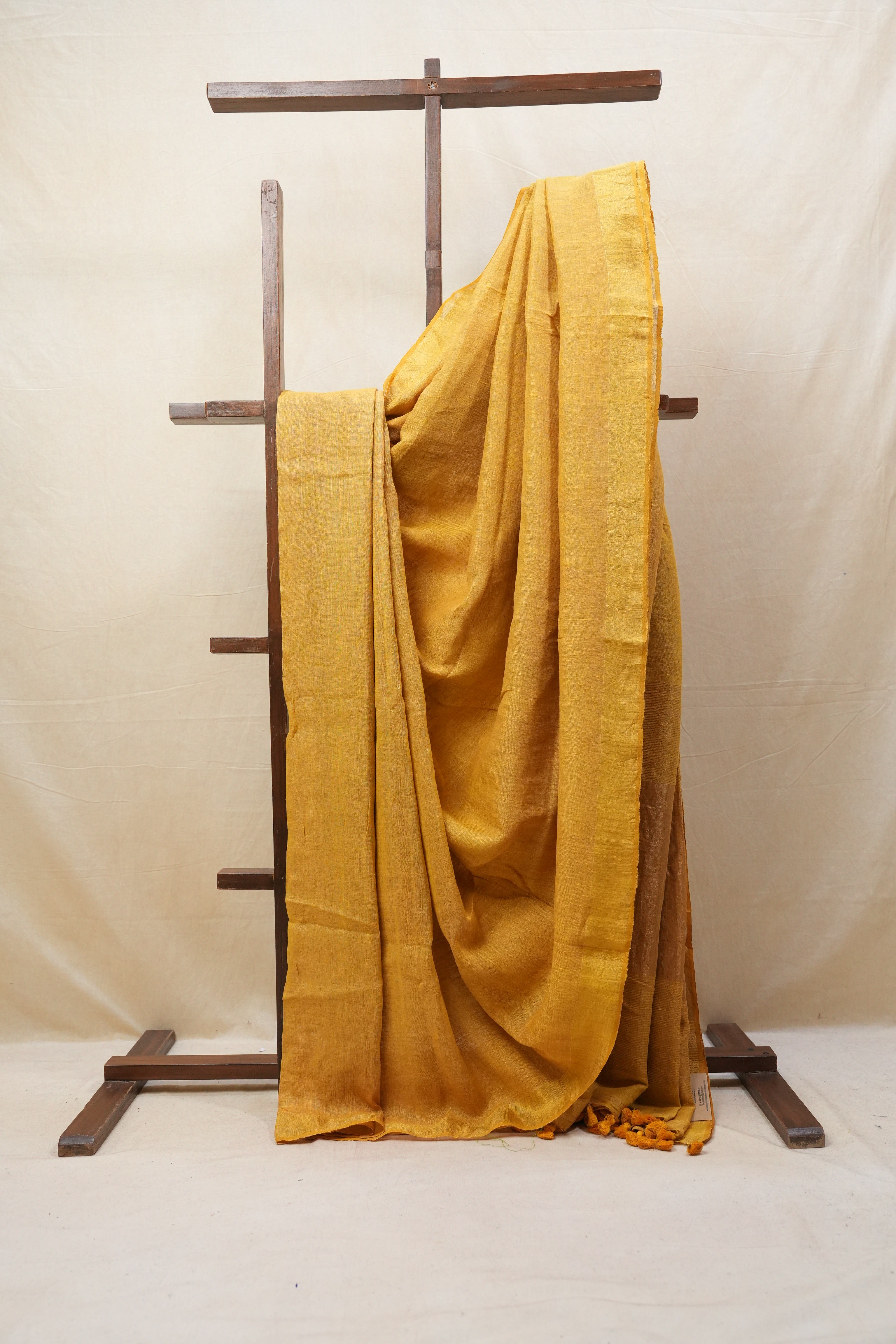 Yellow Plain Linen Saree With Yellow Tassels - SRYPLS317