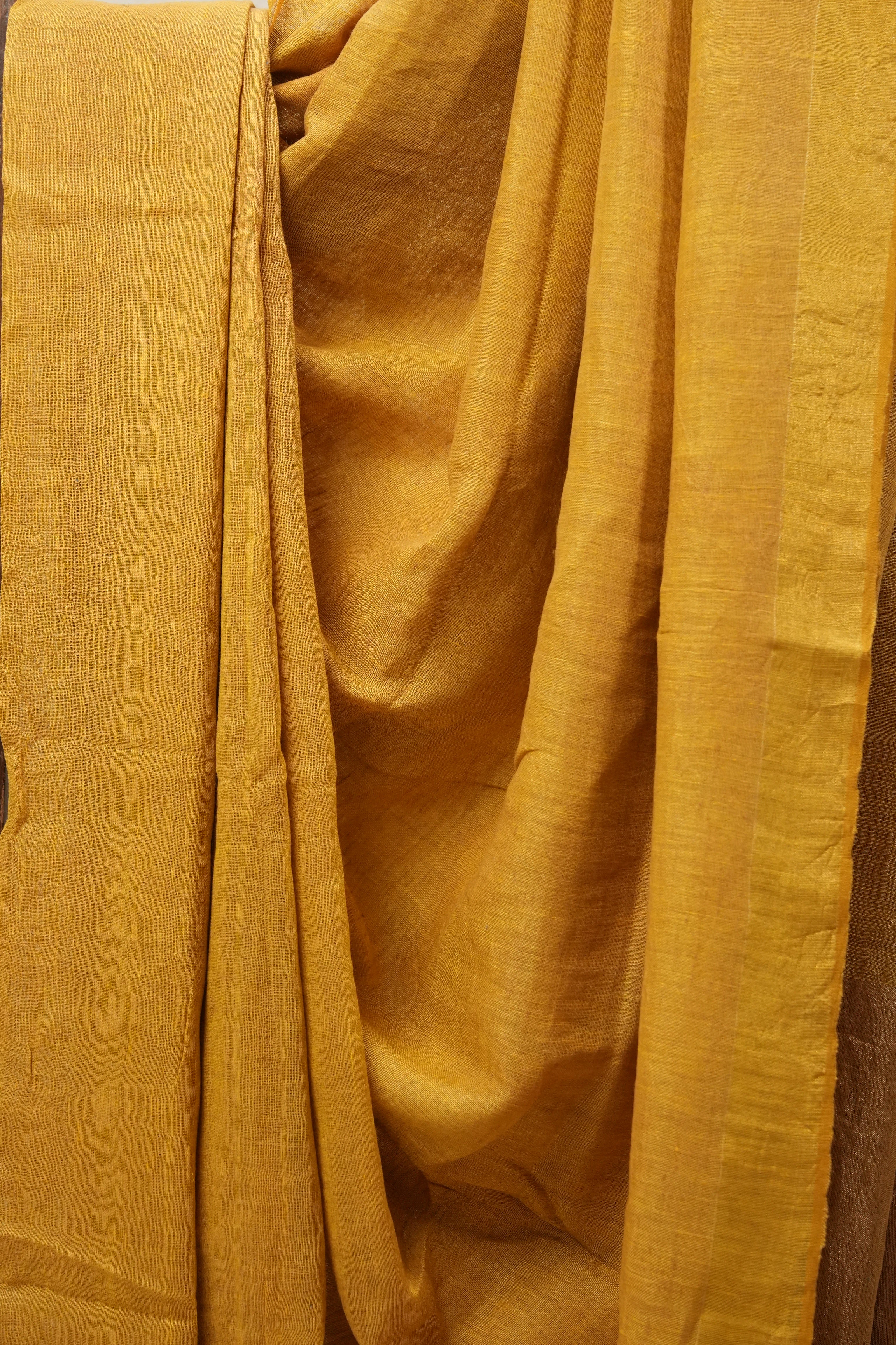 Yellow Plain Linen Saree With Yellow Tassels - SRYPLS317