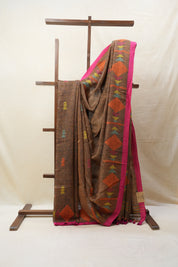 Brown Linen Jamdani Saree With Pink Color Tassels - SRBLJS406