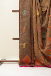 Brown Linen Jamdani Saree With Pink Color Tassels - SRBLJS406