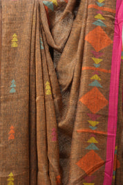 Brown Linen Jamdani Saree With Pink Color Tassels - SRBLJS406