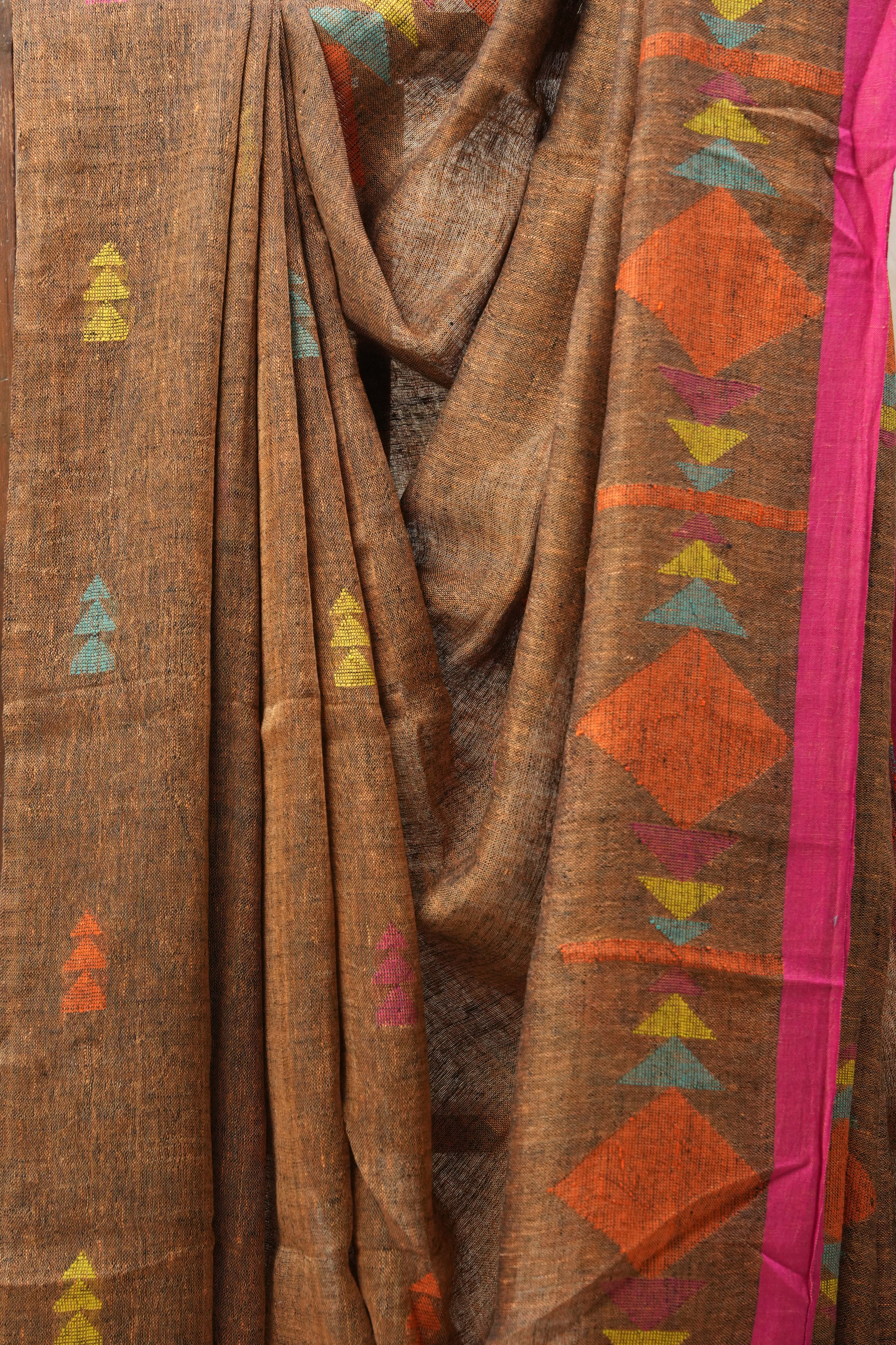 Brown Linen Jamdani Saree With Pink Color Tassels - SRBLJS406