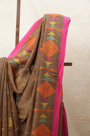 Brown Linen Jamdani Saree With Pink Color Tassels - SRBLJS406