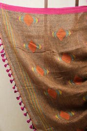 Brown Linen Jamdani Saree With Pink Color Tassels - SRBLJS406