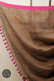 Brown Linen Jamdani Saree With Pink Color Tassels - SRBLJS406