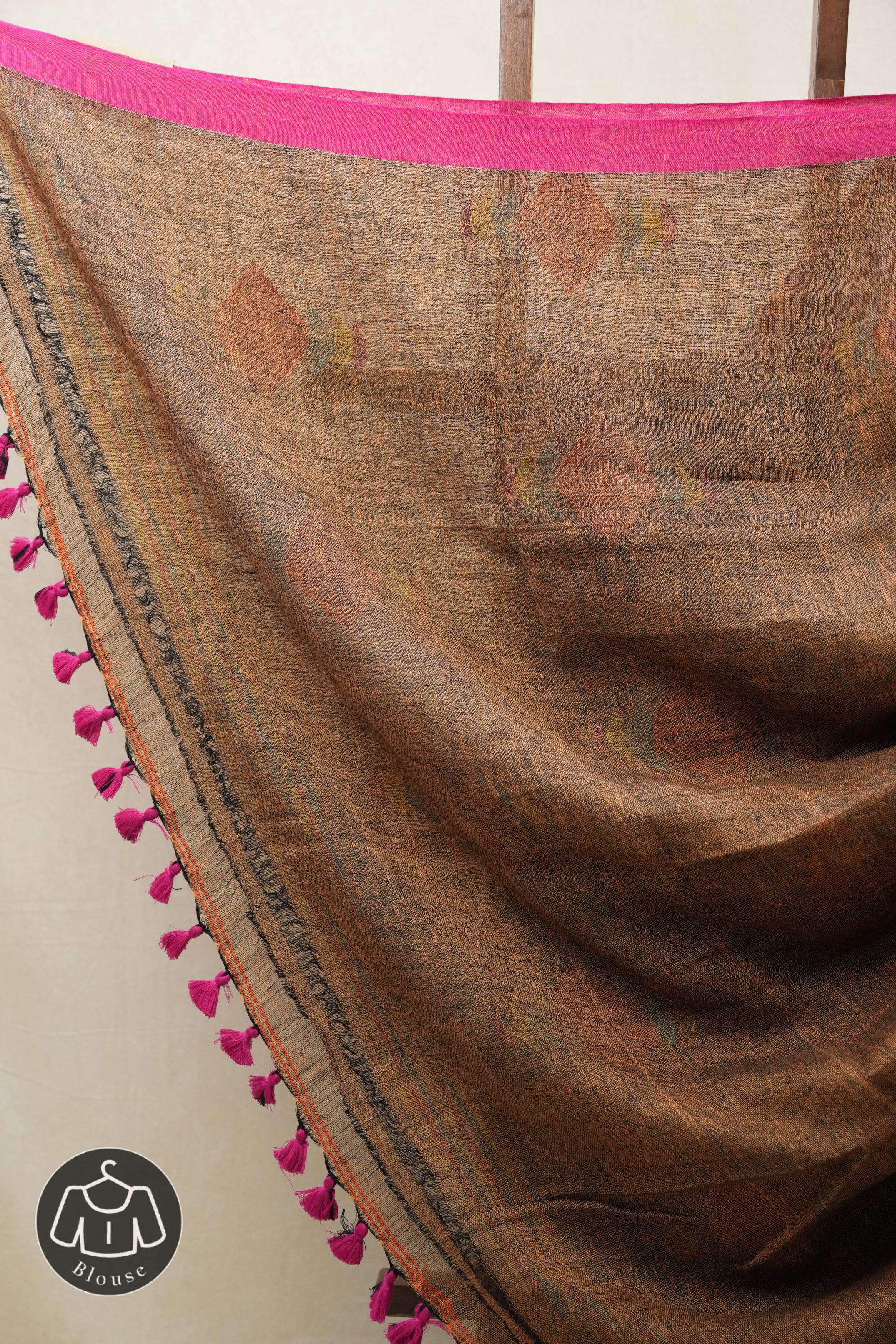 Brown Linen Jamdani Saree With Pink Color Tassels - SRBLJS406