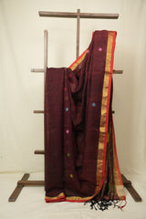 Maroon Linen Jamdani Saree - SRMLJS521