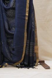Royal Blue Linen Jamdani Saree With Black Color Tassels - SRRBLJS404