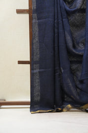 Royal Blue Linen Jamdani Saree With Black Color Tassels - SRRBLJS404