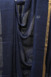 Royal Blue Linen Jamdani Saree With Black Color Tassels - SRRBLJS404