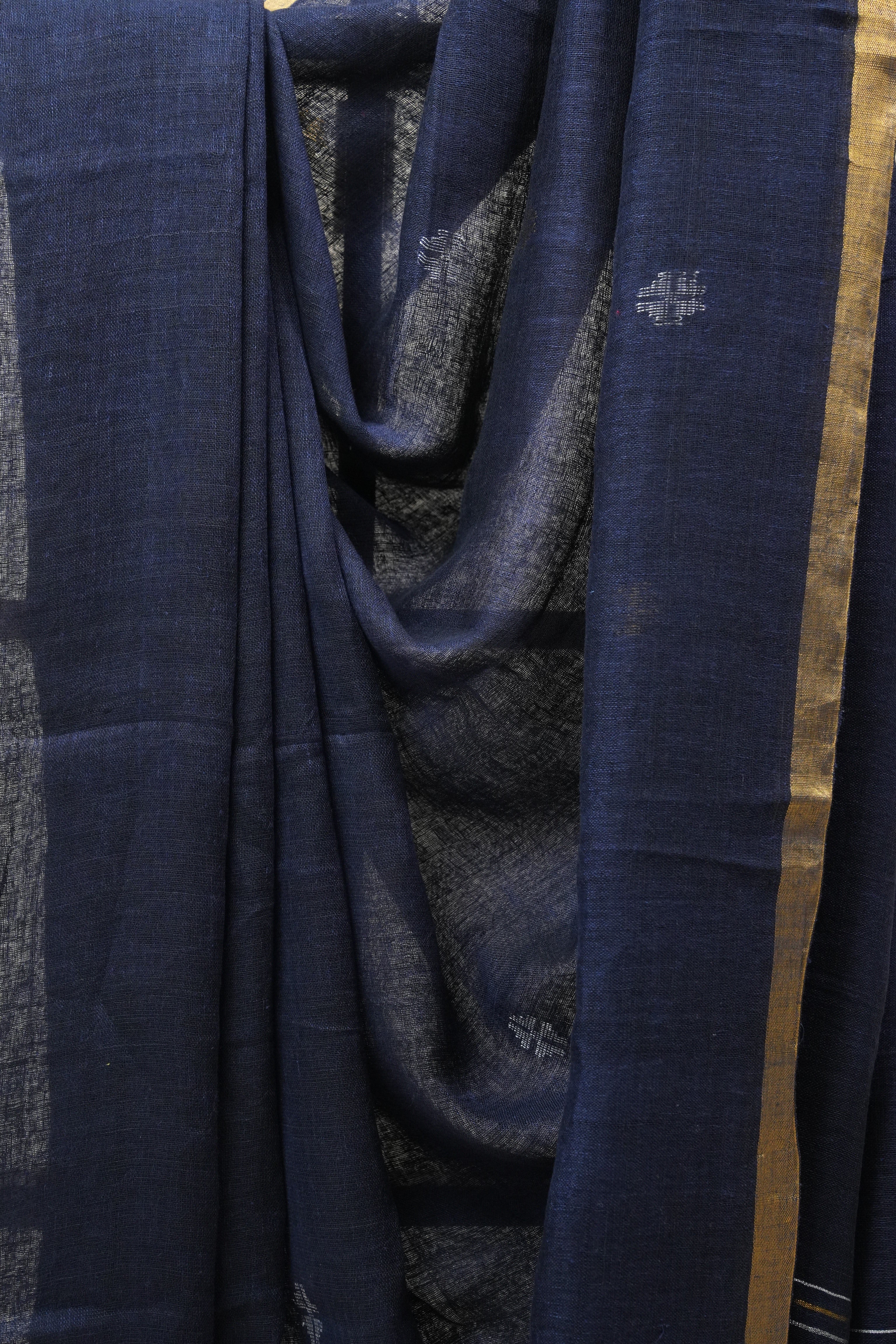 Royal Blue Linen Jamdani Saree With Black Color Tassels - SRRBLJS404
