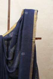 Royal Blue Linen Jamdani Saree With Black Color Tassels - SRRBLJS404