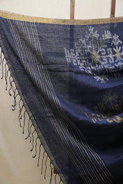 Royal Blue Linen Jamdani Saree With Black Color Tassels - SRRBLJS404