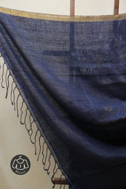 Royal Blue Linen Jamdani Saree With Black Color Tassels - SRRBLJS404