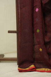 Maroon Linen Jamdani Saree - SRMLJS521