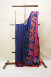 Blue Linen Jamdani Saree With Multi Color Tassels - SRBLJS401