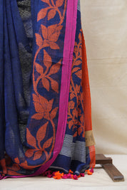 Blue Linen Jamdani Saree With Multi Color Tassels - SRBLJS401