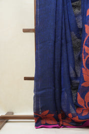 Blue Linen Jamdani Saree With Multi Color Tassels - SRBLJS401