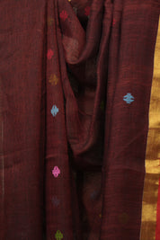 Maroon Linen Jamdani Saree - SRMLJS521
