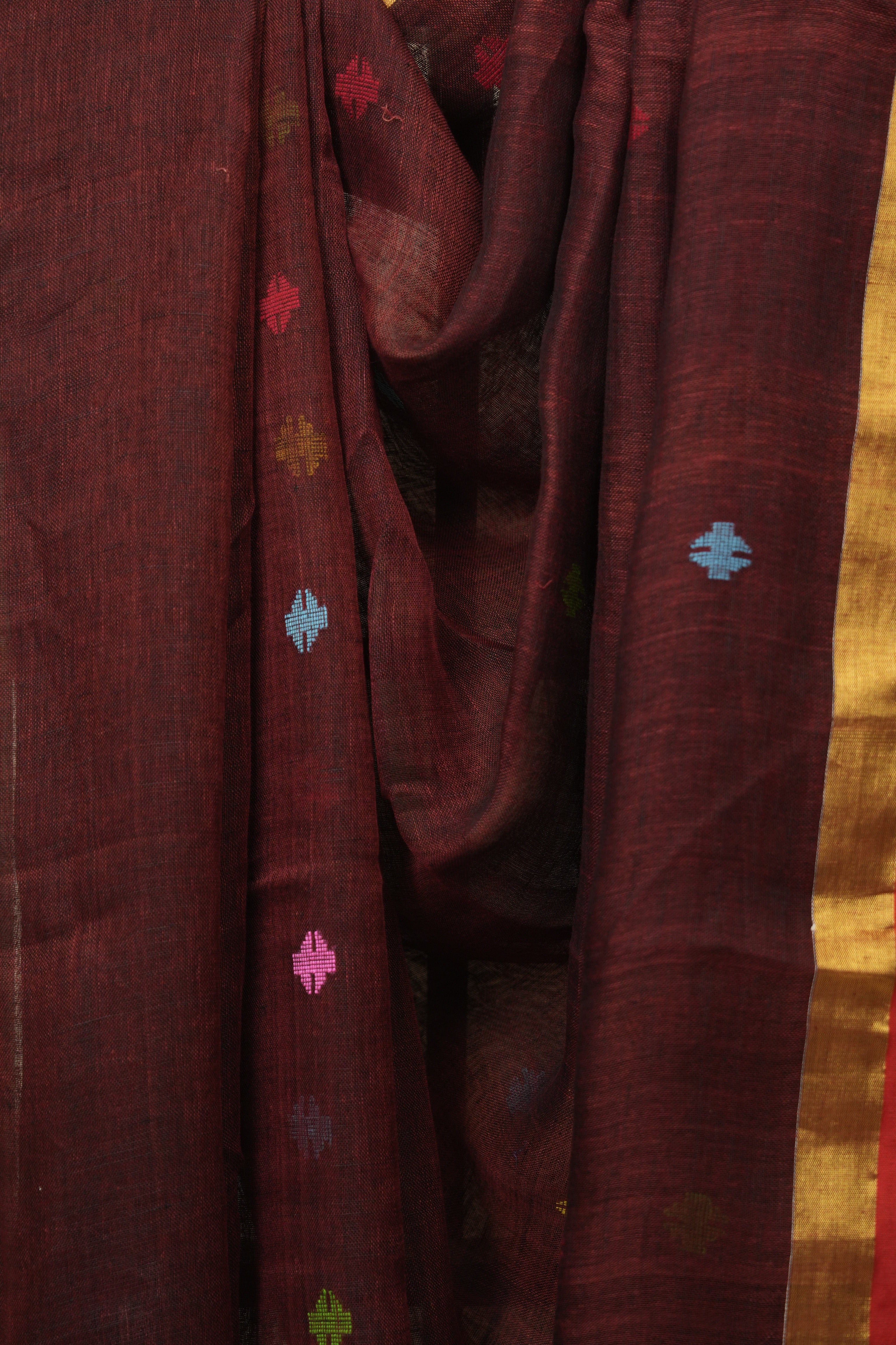 Maroon Linen Jamdani Saree - SRMLJS521