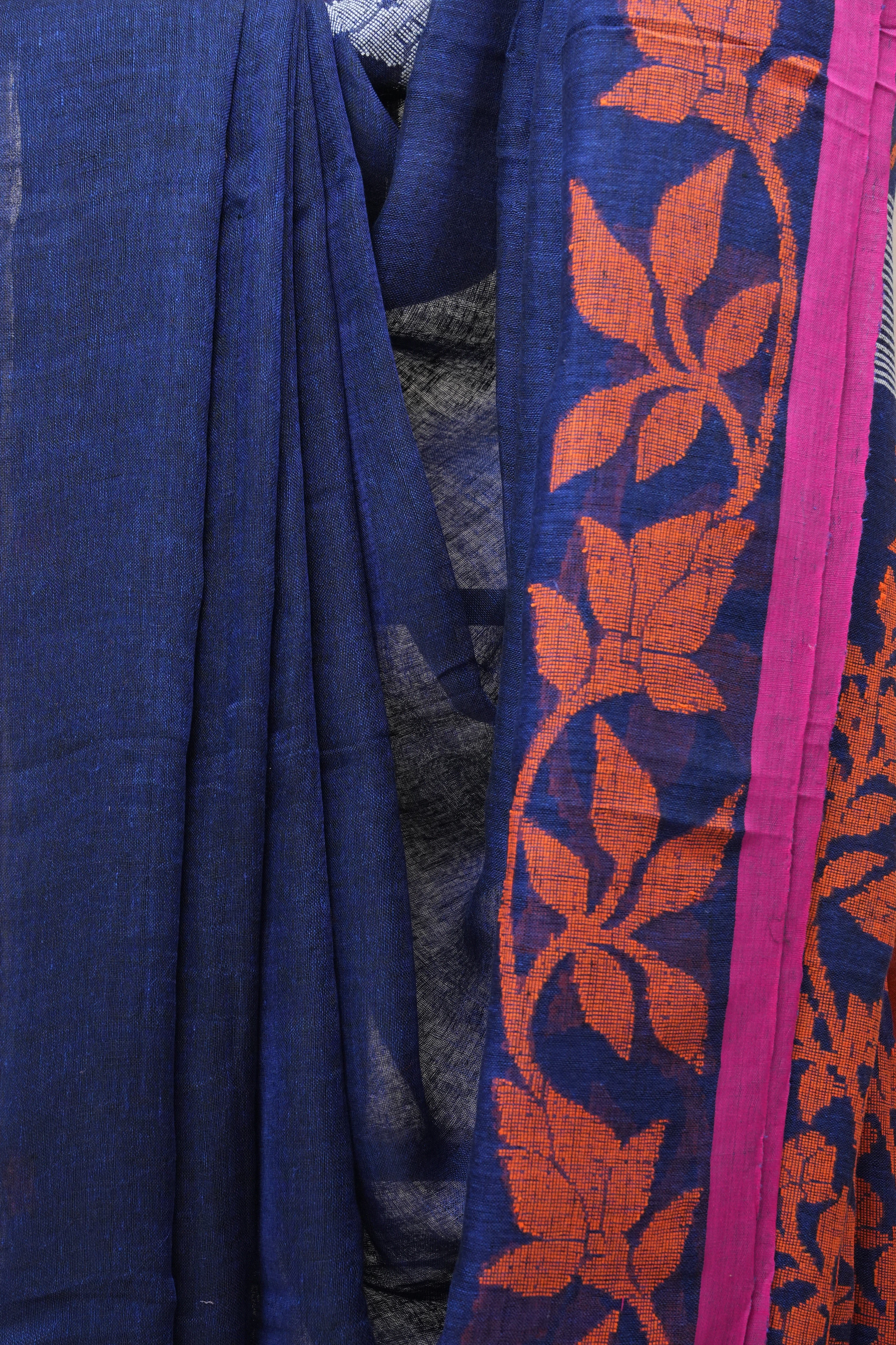 Blue Linen Jamdani Saree With Multi Color Tassels - SRBLJS401