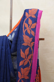 Blue Linen Jamdani Saree With Multi Color Tassels - SRBLJS401