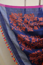 Blue Linen Jamdani Saree With Multi Color Tassels - SRBLJS401