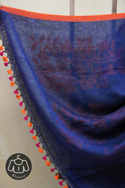 Blue Linen Jamdani Saree With Multi Color Tassels - SRBLJS401