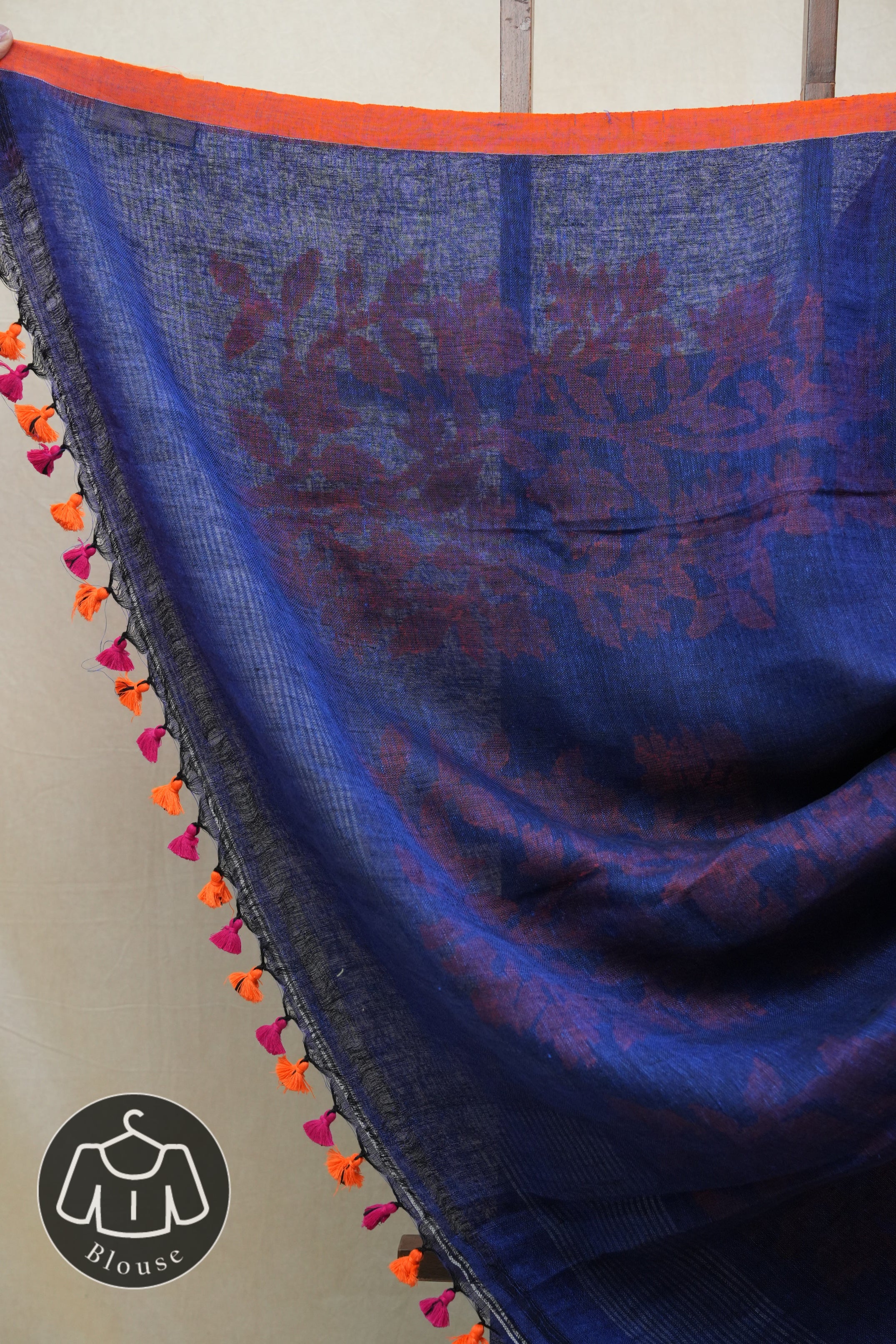 Blue Linen Jamdani Saree With Multi Color Tassels - SRBLJS401