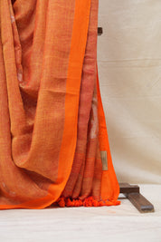 Orange Linen Jamdani Saree With Orange Tassels - SROLJS400