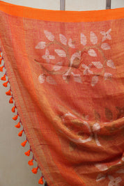 Orange Linen Jamdani Saree With Orange Tassels - SROLJS400