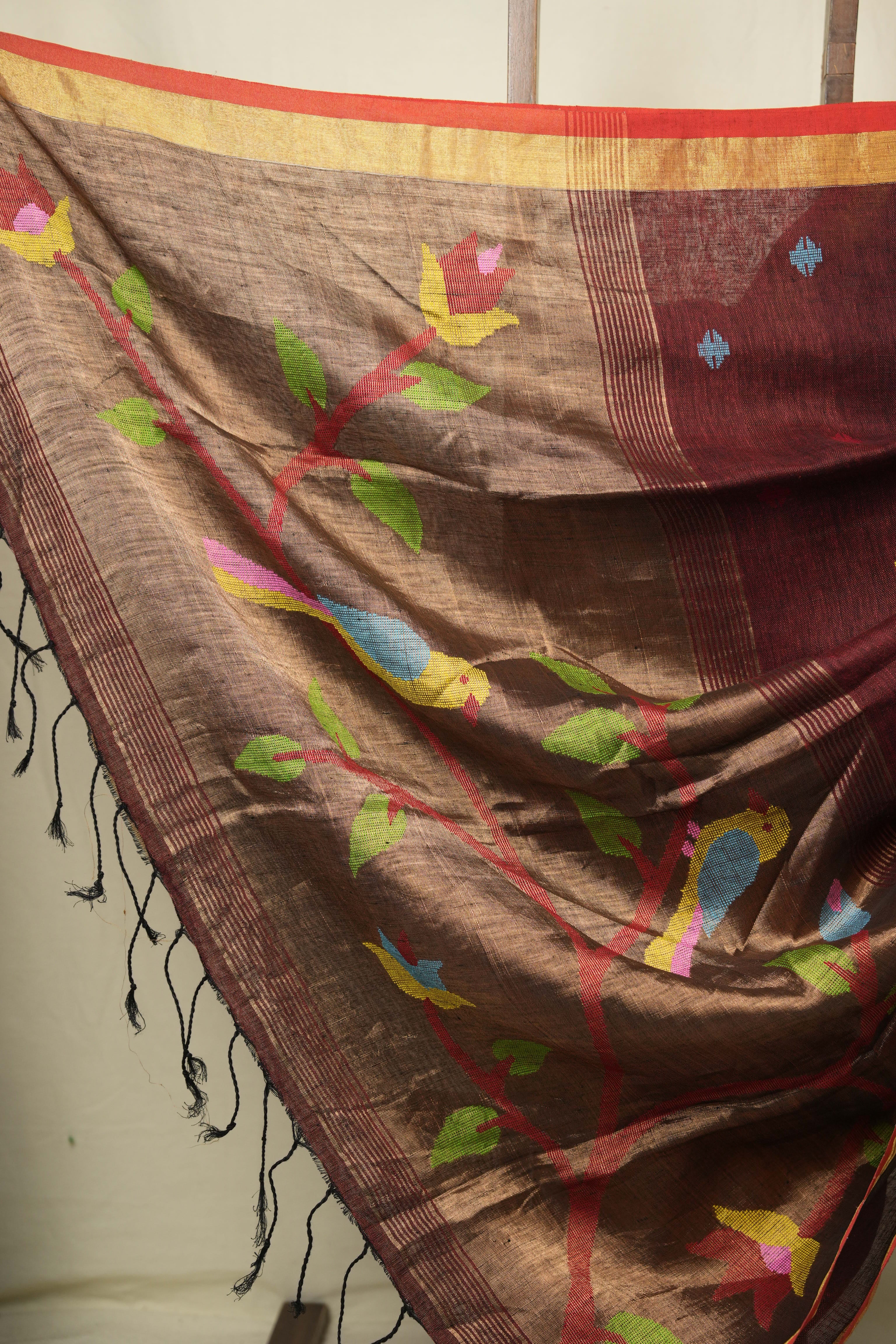 Maroon Linen Jamdani Saree - SRMLJS521