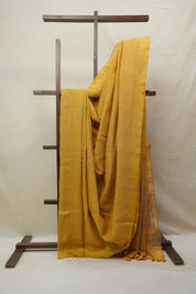 Golden Yellow Plain Linen Saree With Yellow Tassels - SRGYPLS306