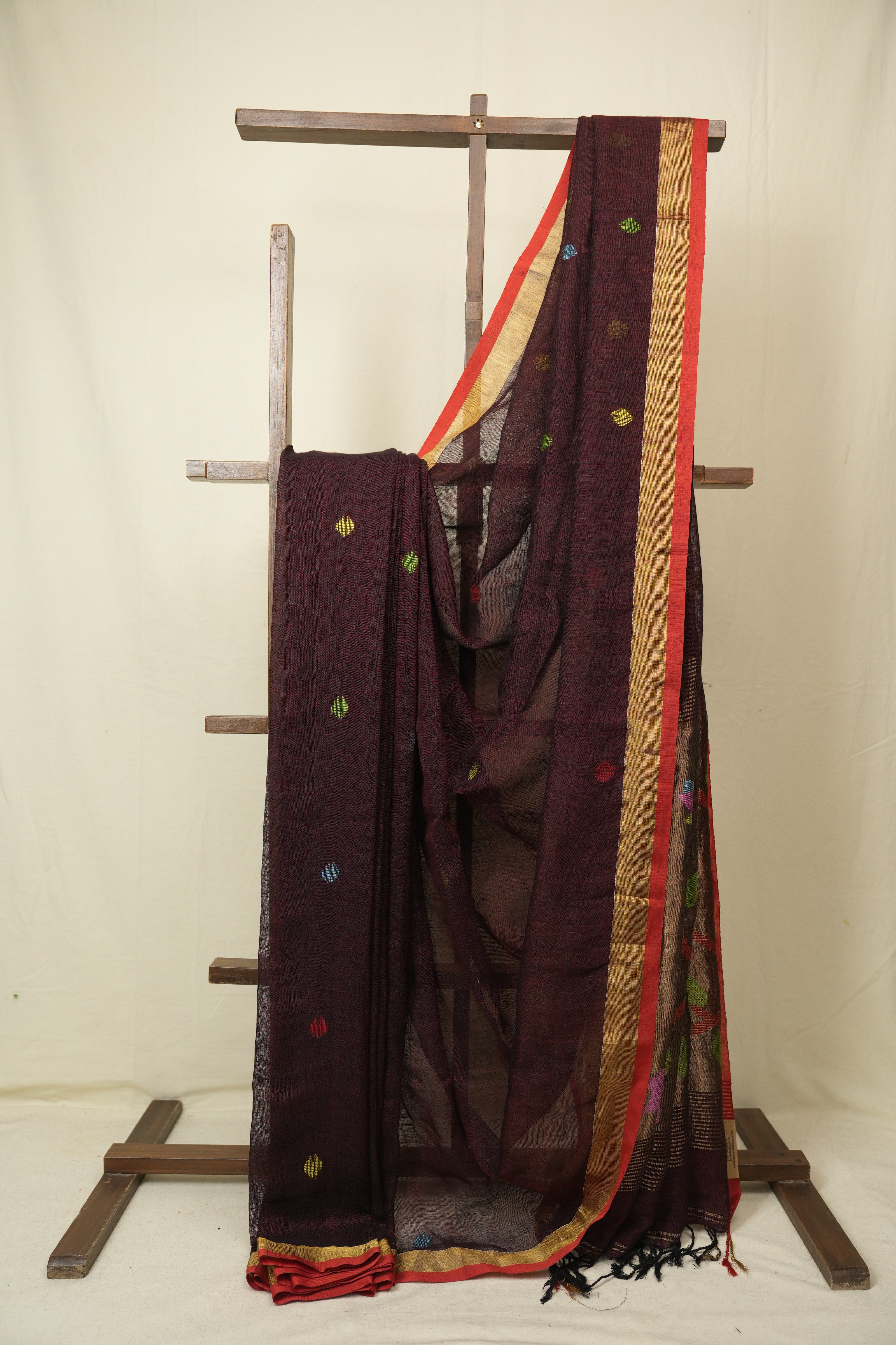 Maroon Linen Jamdani Saree - SRMLJS523