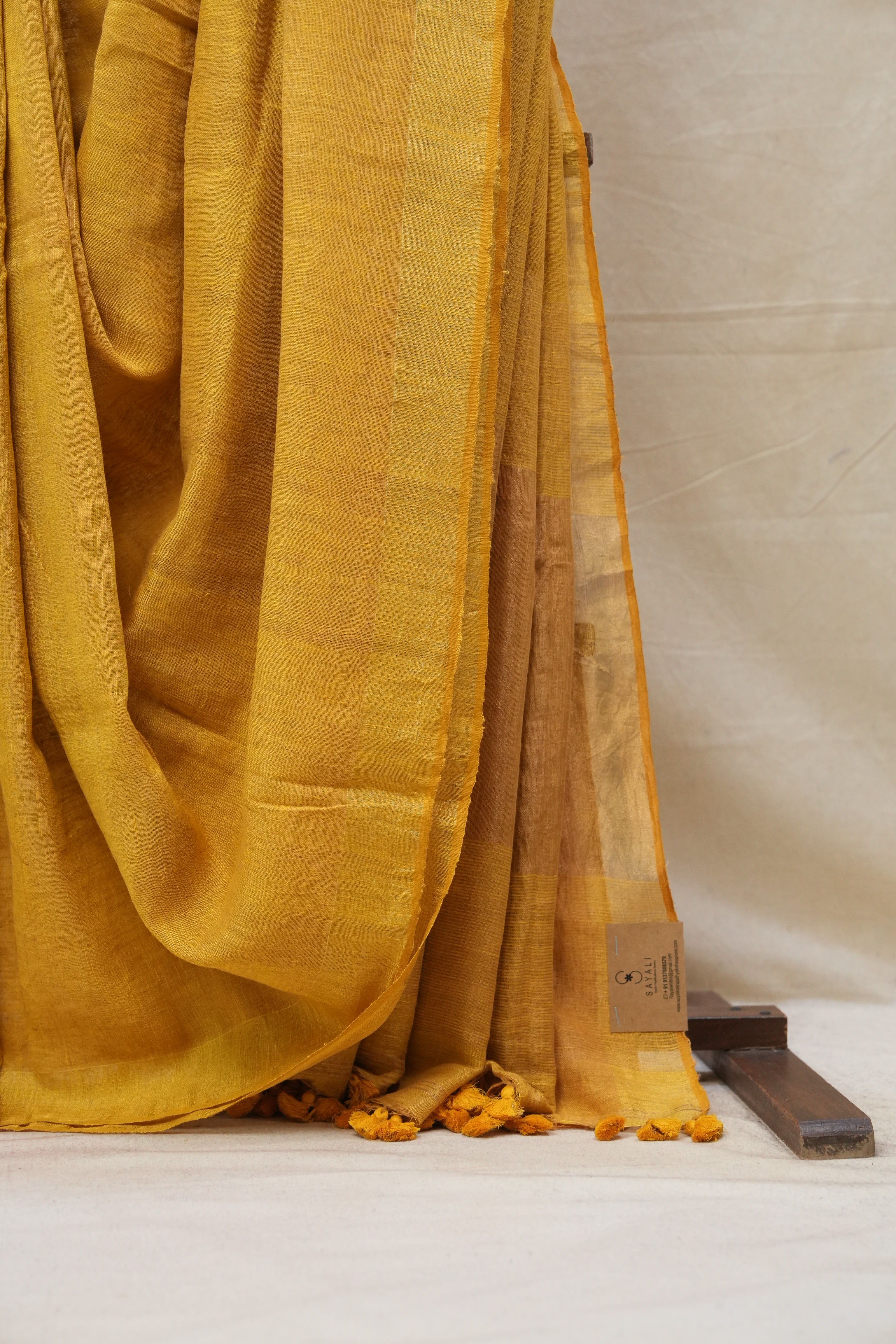 Golden Yellow Plain Linen Saree With Yellow Tassels - SRGYPLS306