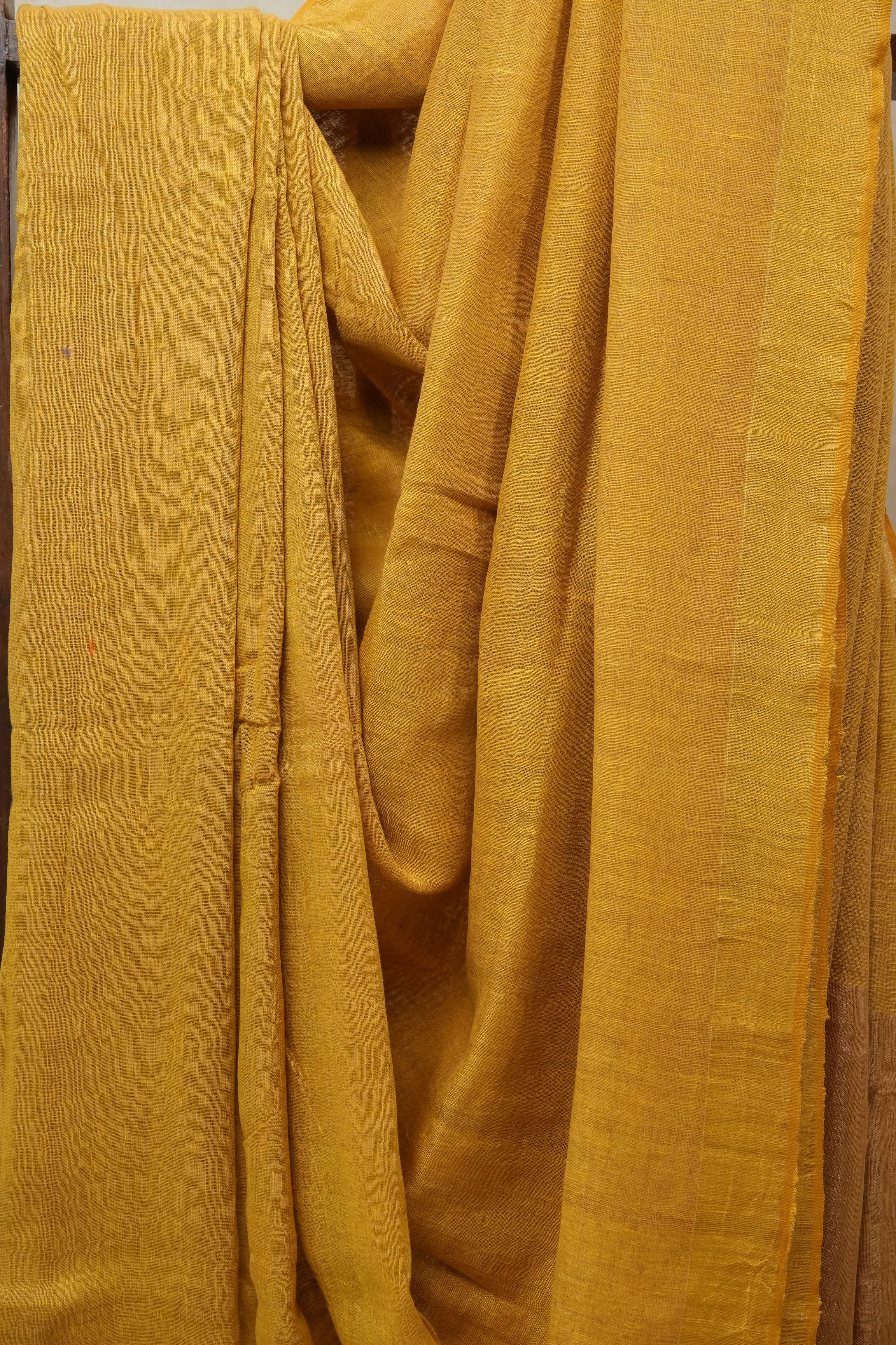 Golden Yellow Plain Linen Saree With Yellow Tassels - SRGYPLS306