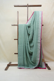 Mint Green Plain Linen Saree With Pink Tassels - SRMGPLS305