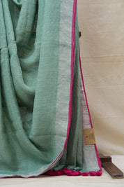 Mint Green Plain Linen Saree With Pink Tassels - SRMGPLS305