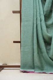 Mint Green Plain Linen Saree With Pink Tassels - SRMGPLS305
