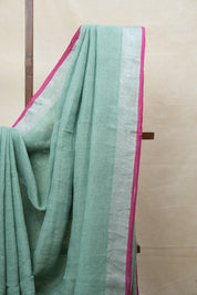 Mint Green Plain Linen Saree With Pink Tassels - SRMGPLS305