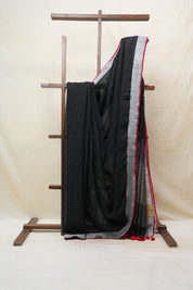 Black Plain Linen Saree With Red Tassels - SRBPLS304
