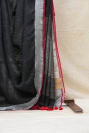 Black Plain Linen Saree With Red Tassels - SRBPLS304