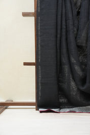 Black Plain Linen Saree With Red Tassels - SRBPLS304