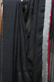 Black Plain Linen Saree With Red Tassels - SRBPLS304