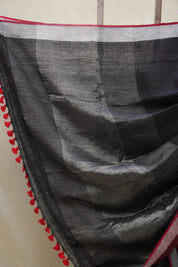 Black Plain Linen Saree With Red Tassels - SRBPLS304