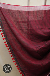 Black Plain Linen Saree With Red Tassels - SRBPLS304