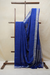 Blue Plain Linen Saree With Blue Tassels - SRBPLS301