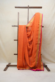 Orange Plain Linen Saree With Pink Tassels - SROPLS302