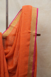 Orange Plain Linen Saree With Pink Tassels - SROPLS302